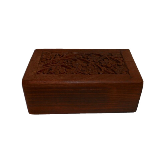 Handcarved Floral Keepsake Wood Jewelry Box With Slide open Bottom - Picture 5 of 16